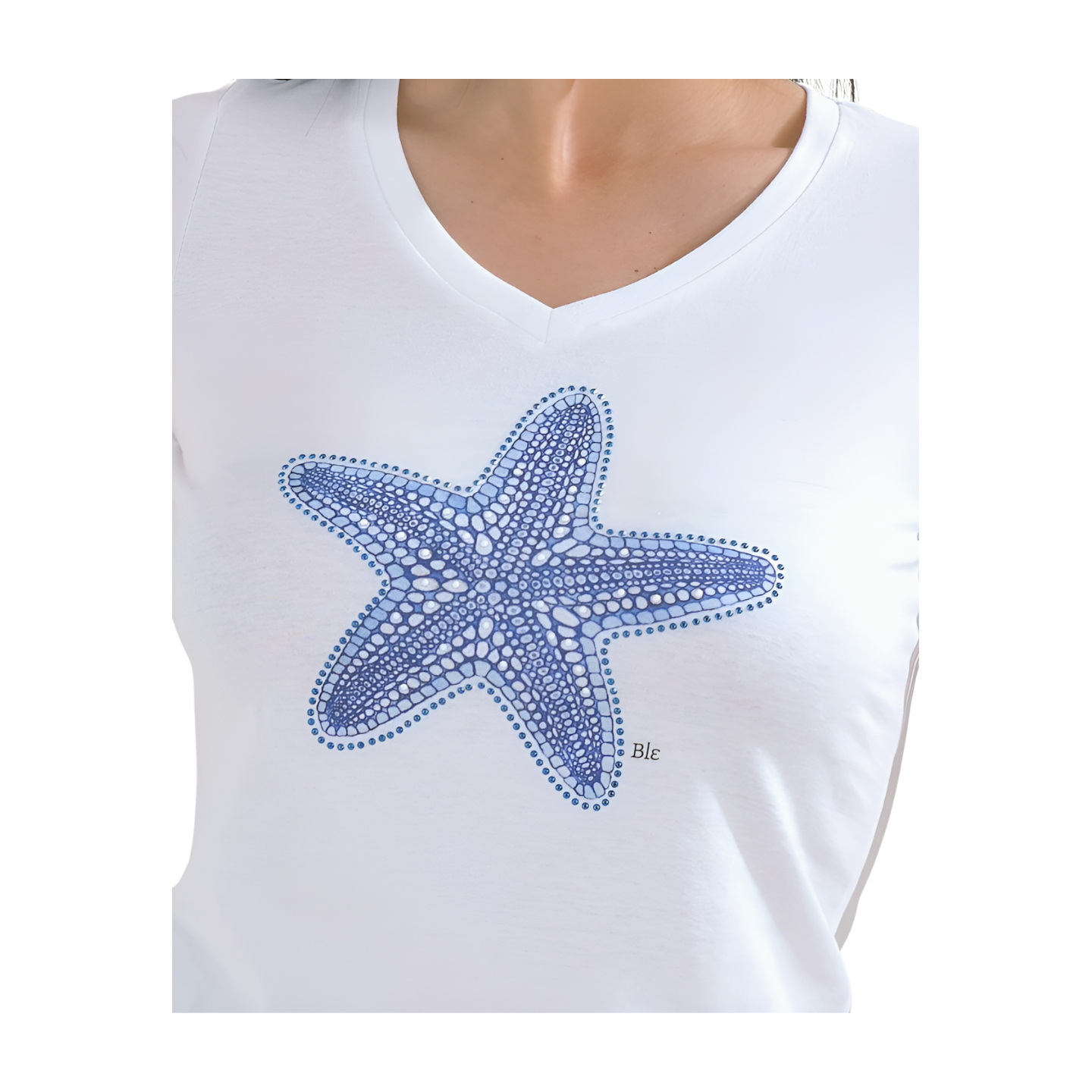 Maglia con stella blu e dettagli di strass. Taglia m/l