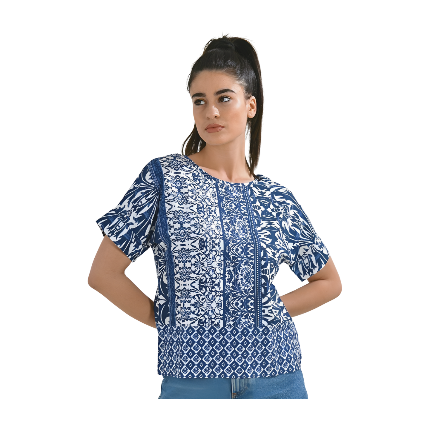 Blusa in rayon con stampa greca. Taglia s/m