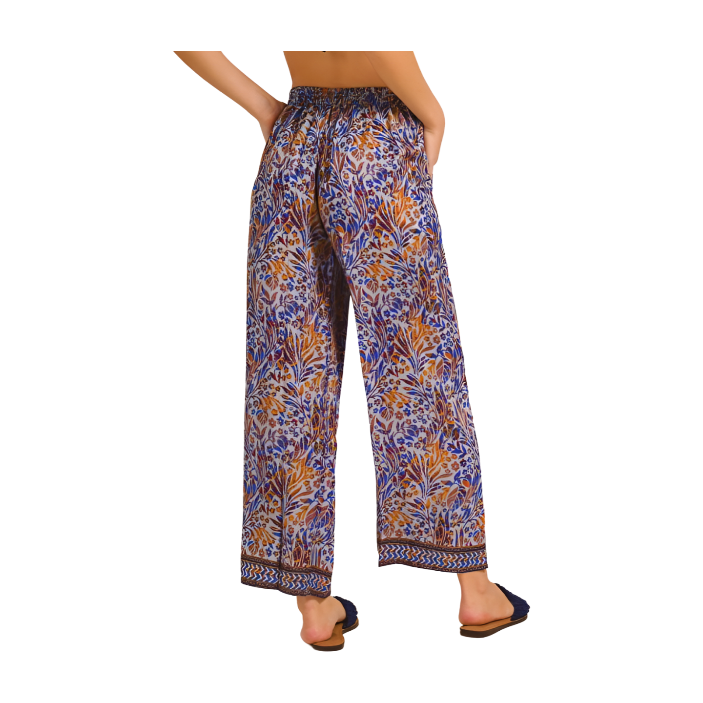 Pantalone a gamba dritta in crepe e seta a fantasia nei colori del blu e arancio