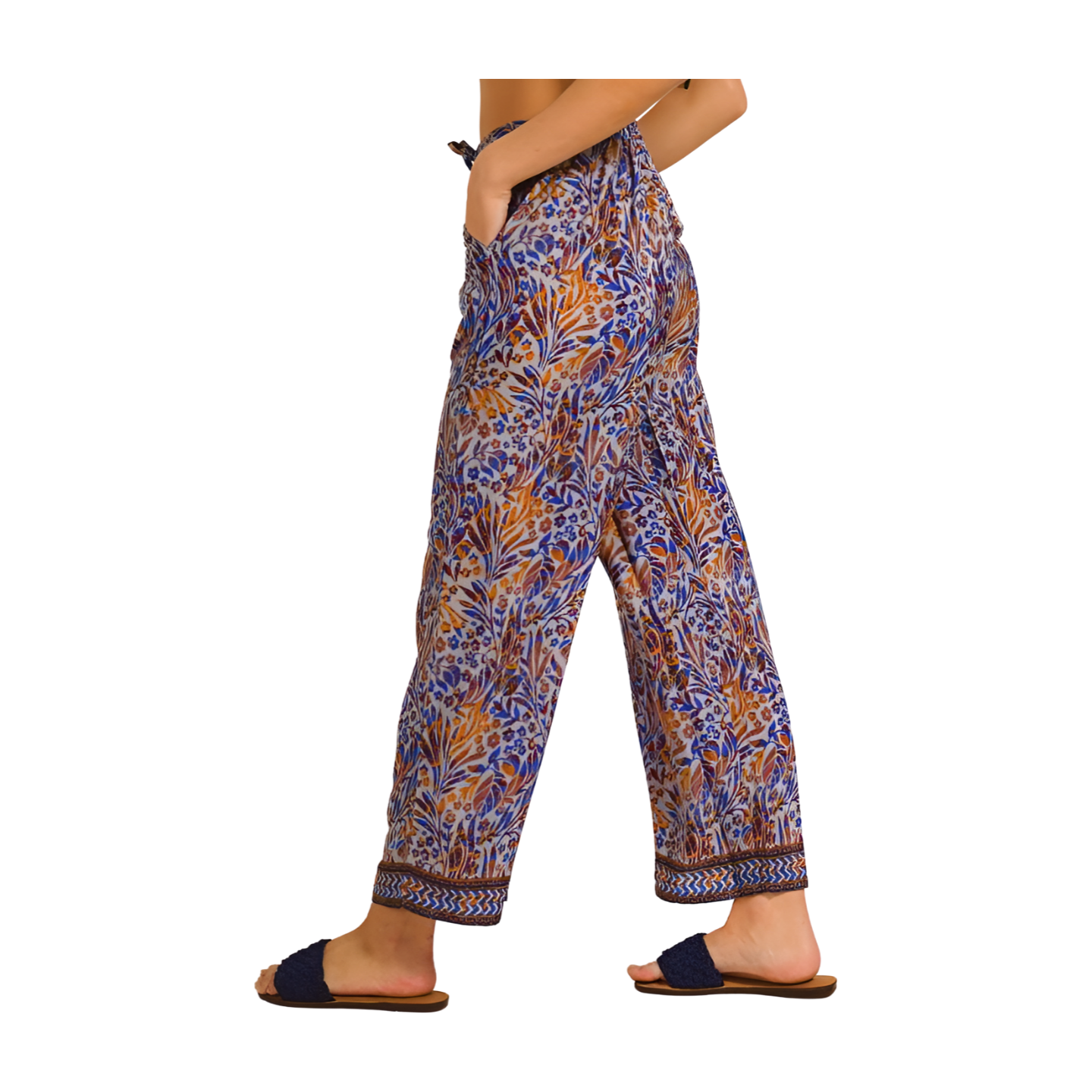 Pantalone a gamba dritta in crepe e seta a fantasia nei colori del blu e arancio