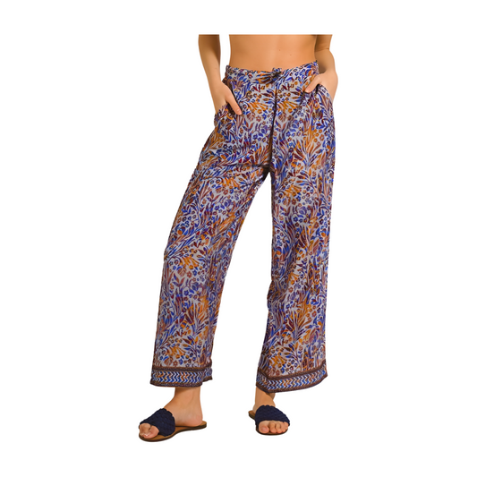 Pantalone a gamba dritta in crepe e seta a fantasia nei colori del blu e arancio