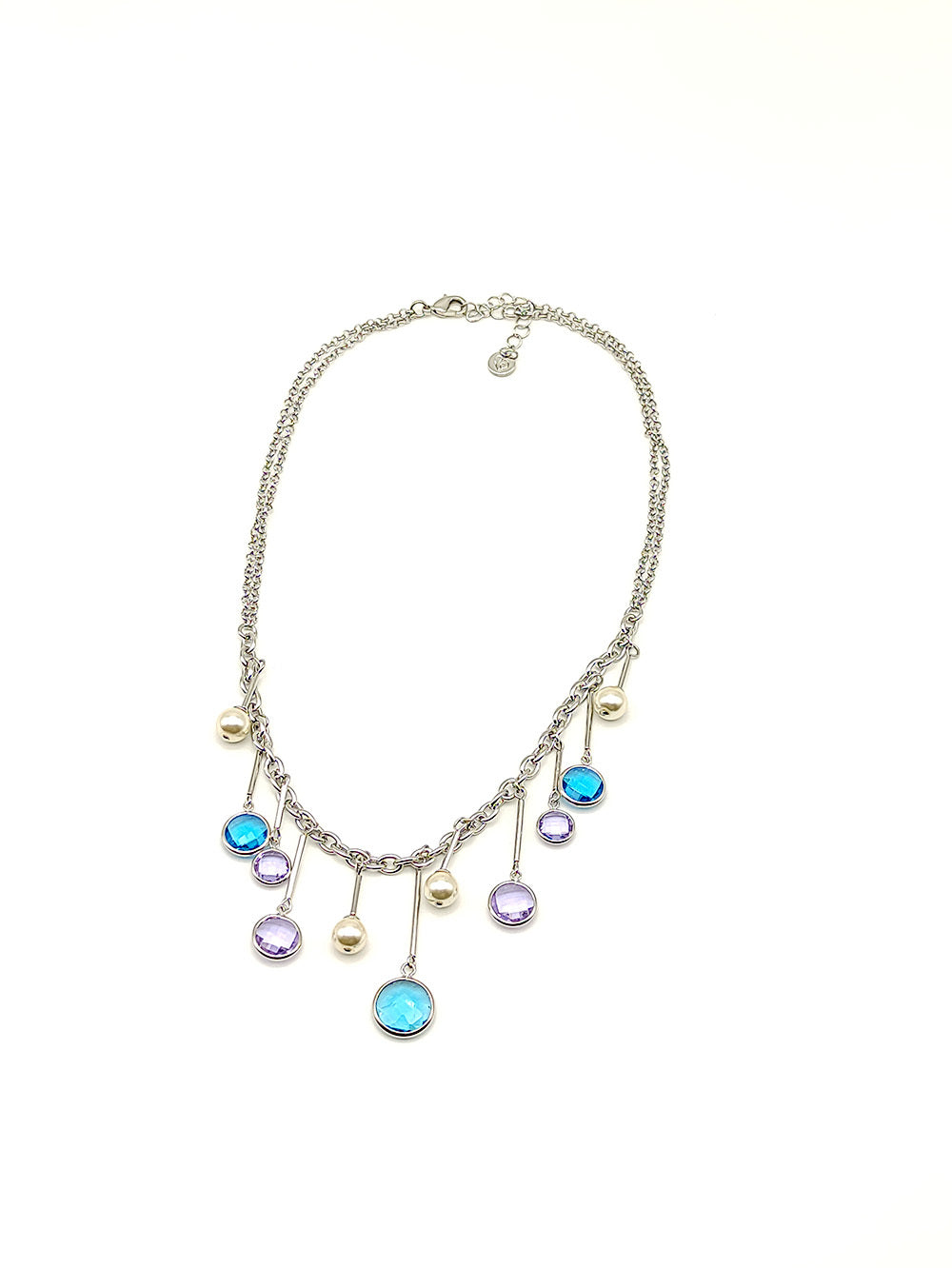 Collana A Cascata Rodio Con Castoni In Cristallo Aqua E Violetto Con Perle In Vetro Da 8Mm.Chiusura Regolabile