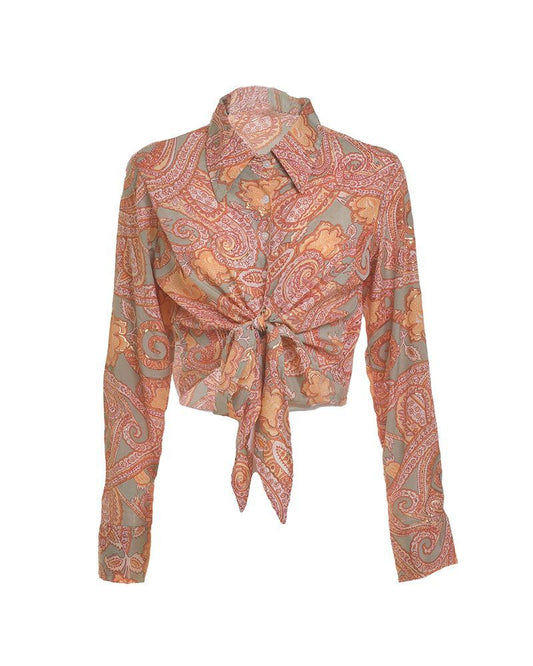 Camicia con nodo di colore Arancio/Grigio con dettagli oro. Taglia Unica (100% Crepe)