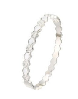 Bracciale rigido in acciaio inossidabile composto da motivo ottagonale in madreperla bianca e con strass.