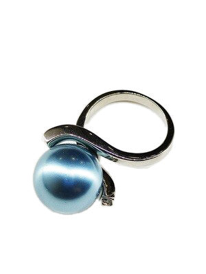 Anello In Metallo Rodiato Con Perla In Vetro Di 14 Mm Nel Colore Azzurro E Cristalli